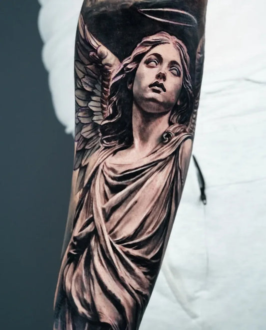 Big Black and Grey Angel with Wings on Women Arm Tattoo by @josecarlos.tattoos