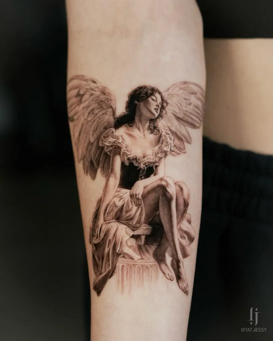 Big Black and Grey Angel with Wings on Women Arm Tattoo by @tat.jessy