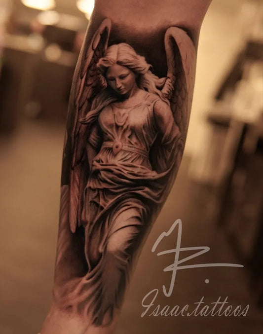 Big Black and Grey Angel with Wings on Women on Leg Tattoo by @isaac.tattoos