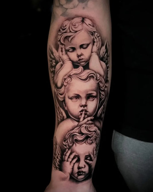 Big Black and Grey Angels on Men Arm Tattoo by @stefanotattoo_