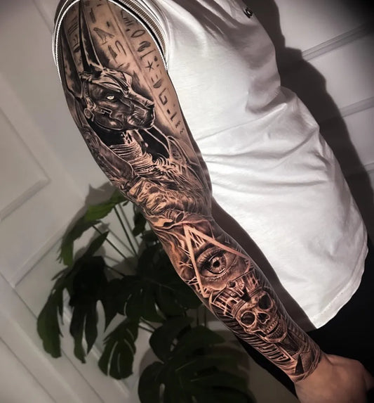 Big Black and Grey Anubis Egyptian Skull Tattoo on Men Arm by @thiagolimatattoo