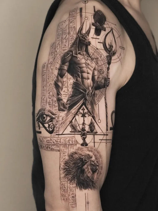 Big Black and Grey Anubis Egyptian Symbols Tattoo on Men Arm by @moowoa