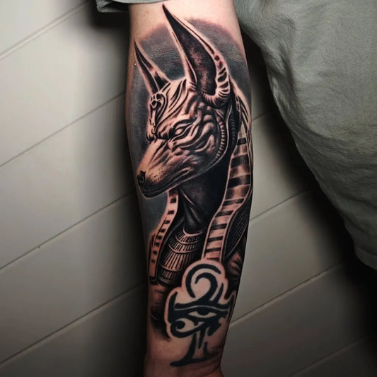 Big Black and Grey Anubis Eye of Horus Tattoo on Men Arm by @eddie.puissant