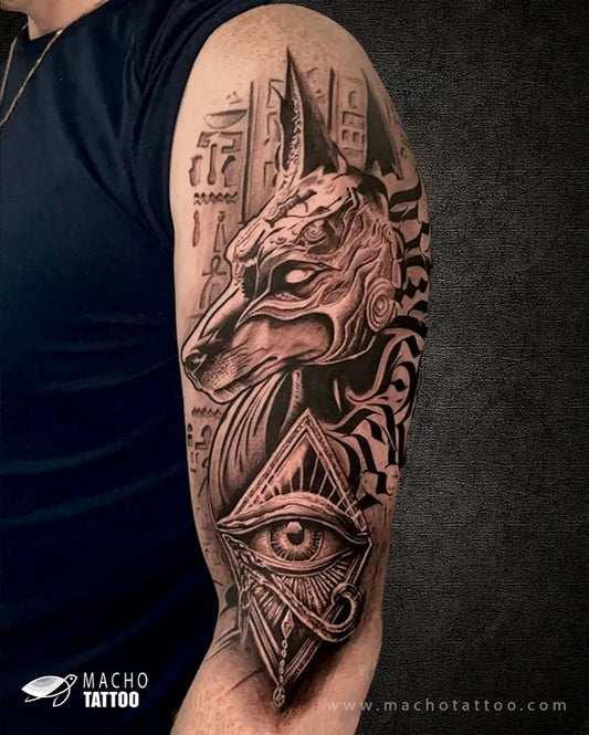 Big Black and Grey Anubis Eye of Horus Tattoo on Men Arm by @machotattooindia