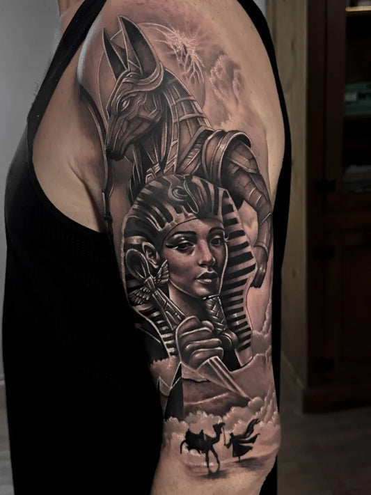 Big Black and Grey Anubis Pharaoh Horse Tattoo on Men Shoulder by @odiegosamuel