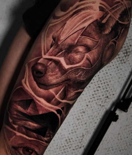 Big Black and Grey Anubis Tattoo on Men Arm by @ferink_tattoo