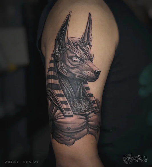 Big Black and Grey Anubis Tattoo on Men Upper Arm by @globaltattooindia