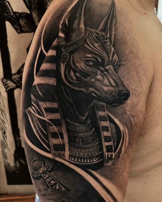 Big Black and Grey Anubis and Ankh Tattoo on Men Arm by @cruzmart_tattoo