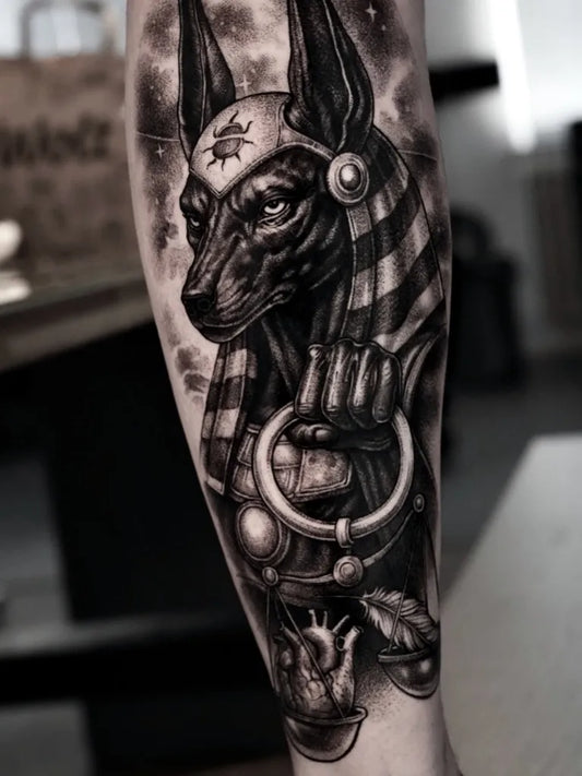 Big Black and Grey Anubis with Ankh and Stars Tattoo on Men Leg by @myciaa.k