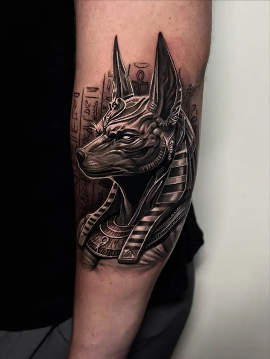 Big Black and Grey Anubis with Hieroglyphs Tattoo on Men Arm by @dec_vaughan_tattoo