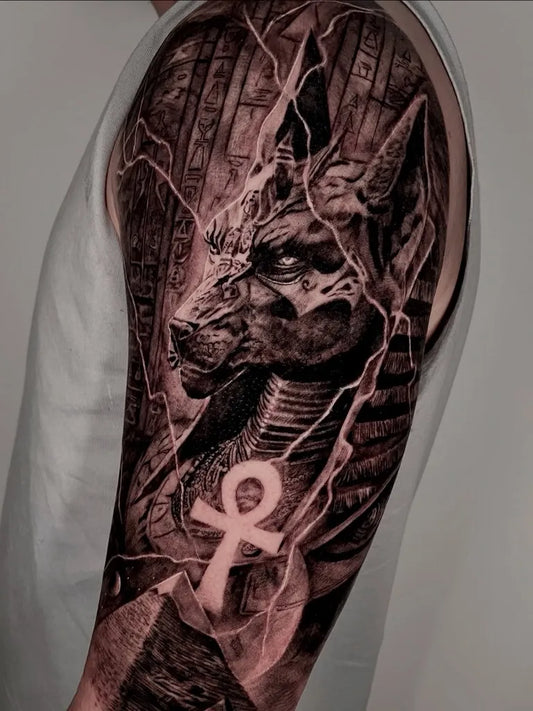 Big Black and Grey Anubis with Lightning Tattoo on Men Arm by @el_matt_ta