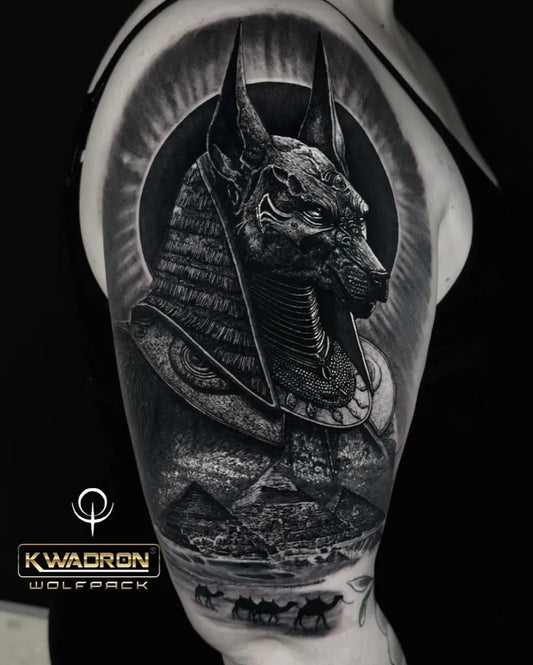 Big Black and Grey Anubis with Pyramids Tattoo on Women Shoulder by @etgaroak