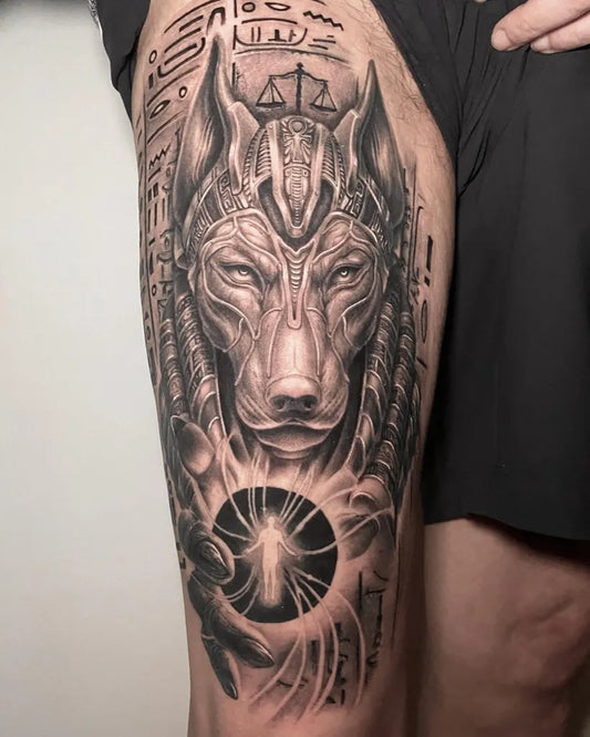 Big Black and Grey Anubis with Scales and Ankh Tattoo on Men Thigh by @whoz_bullpentattoo
