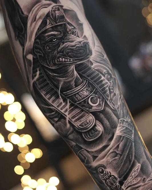 Big Black and Grey Anubis with Scarab Tattoo on Men Arm by @nanutattoo