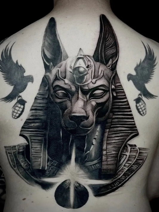 Big Black and Grey Anubis with Wings and Orbs Tattoo on Men Back by @plan9ealing