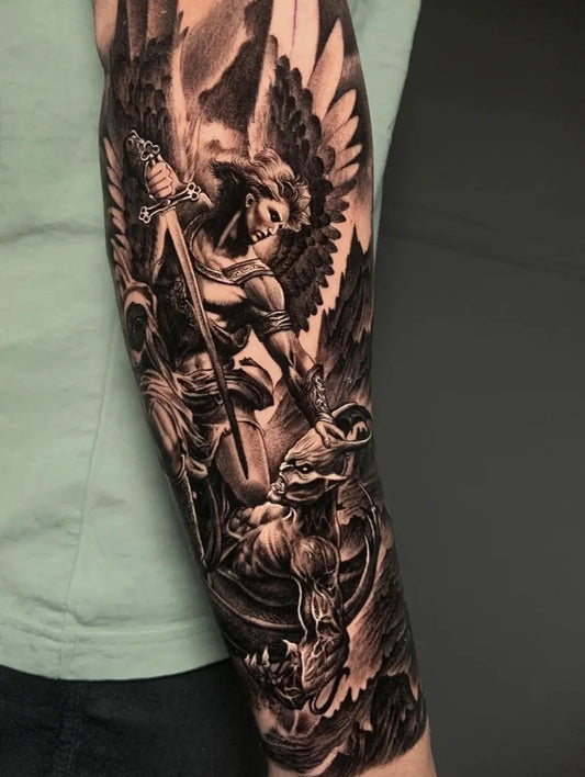 Big Black and Grey Archangel Michael Battling Dragon on Men Arm Tattoo by @dani_moreno_garcia