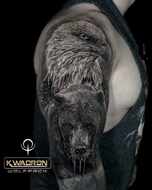 Big Black and Grey Bear Eagle on Men Arm Tattoo by @etgaroak