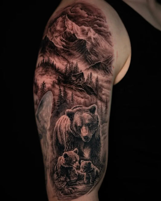Big Black and Grey Bear Family on Men Arm Tattoo by @vladblack_tattoo
