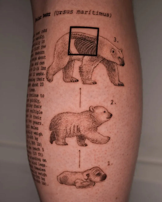 Big Black and Grey Bear Family on Men Leg Tattoo by @robbee.ink