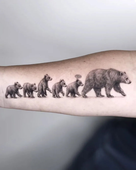 Big Black and Grey Bear Family on Women Arm Tattoo by @cien_ink