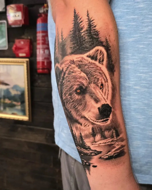 Big Black and Grey Bear Forest Landscape on Men Arm Tattoo by @antbatetattoos