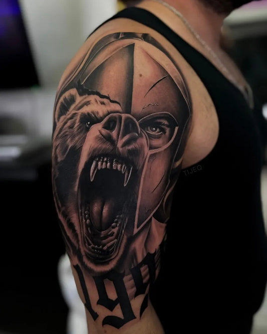 Big Black and Grey Bear Helmet on Men Arm Tattoo by @tijeq