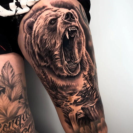 Big Black and Grey Bear Landscape on Men Thigh Tattoo by @hitaua_ink