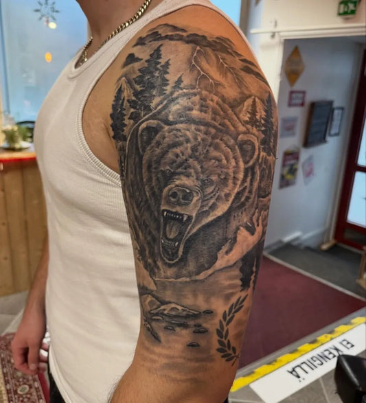 Big Black and Grey Bear Mountains Bear on Men Arm Tattoo by @tuoppi666
