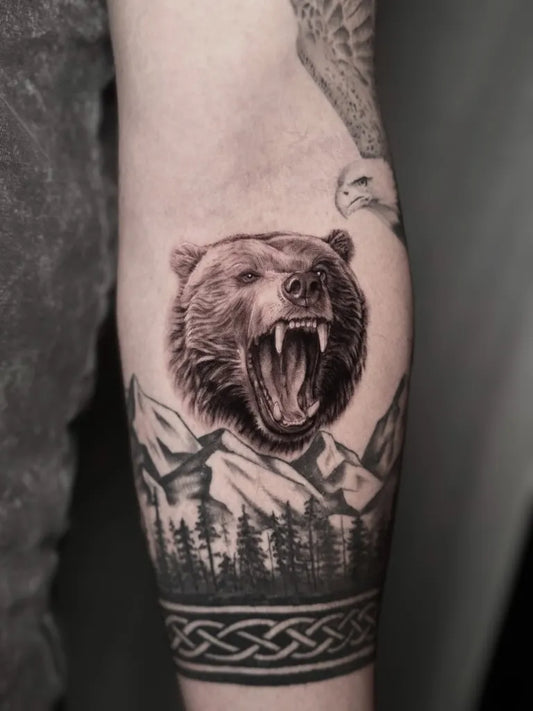 Big Black and Grey Bear Mountains Celtic Band on Men Arm Tattoo by @beaustanfordtattoo