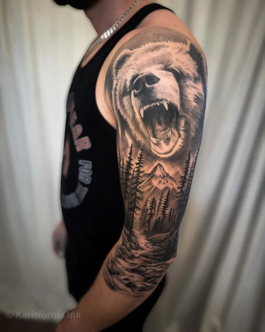 Big Black and Grey Bear Mountains Landscape on Men Arm Tattoo by @karisforniaink