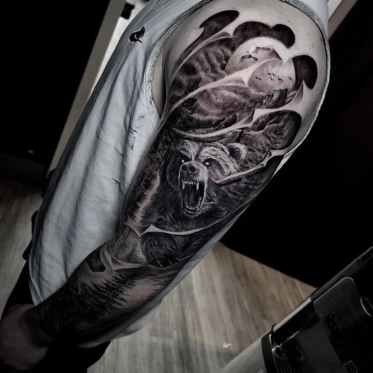 Big Black and Grey Bear Paw Moon on Men Shoulder Tattoo by @tosikwitink