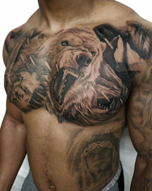 Big Black and Grey Bear Tiger on Men Chest Tattoo by @sambeetattoo