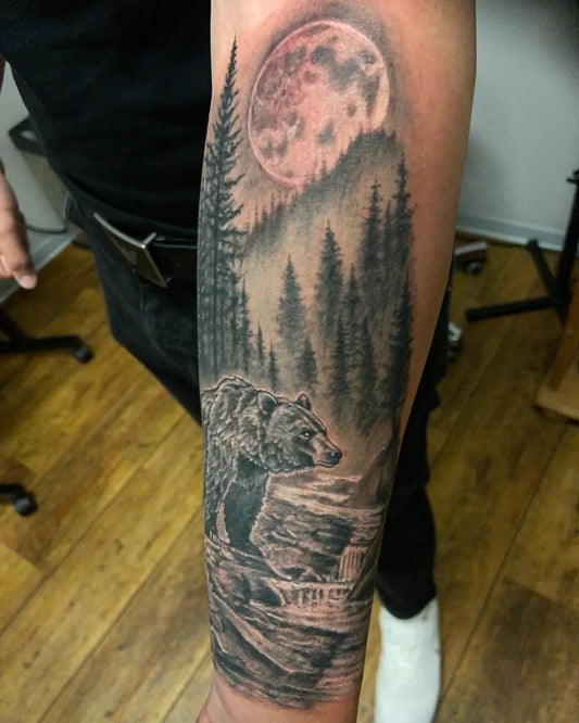 Big Black and Grey Bear Trees Moon on Men Arm Tattoo by @alberto_marquezcs