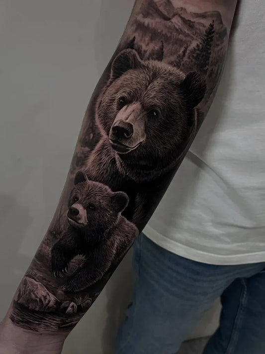 Big Black and Grey Bear and Cub on Men Arm Tattoo by @rubenpascualtattoo
