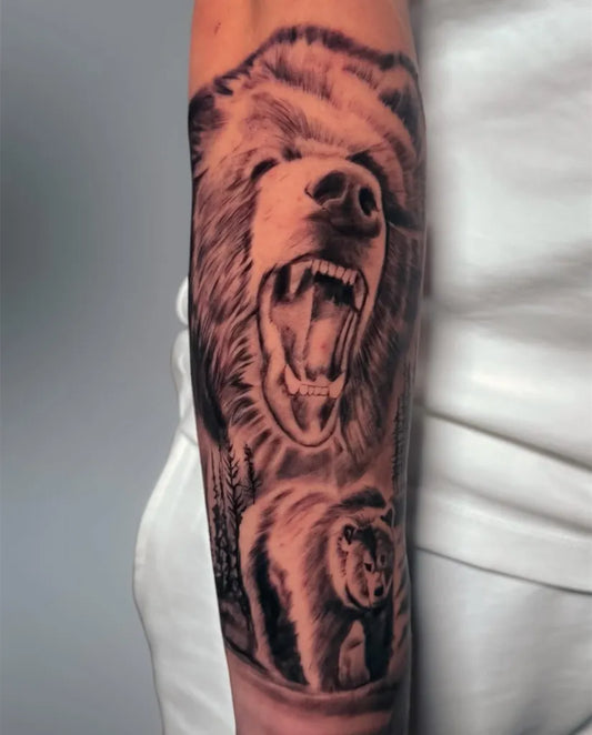 Big Black and Grey Bear and Cubs on Men Arm Tattoo by @liyantattooink