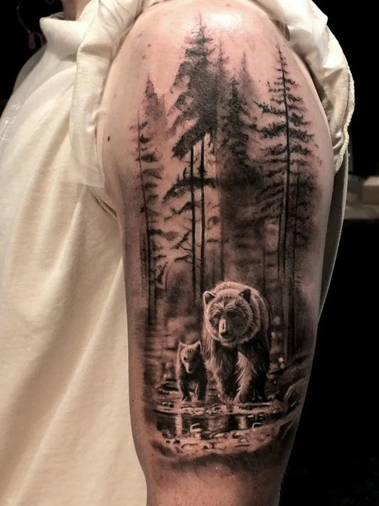 Big Black and Grey Bear and Trees on Men Arm Tattoo by @glenpreece