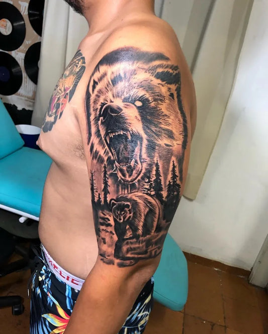Big Black and Grey Bear in Forest on Men Arm Tattoo by @pedrolimatattoo99