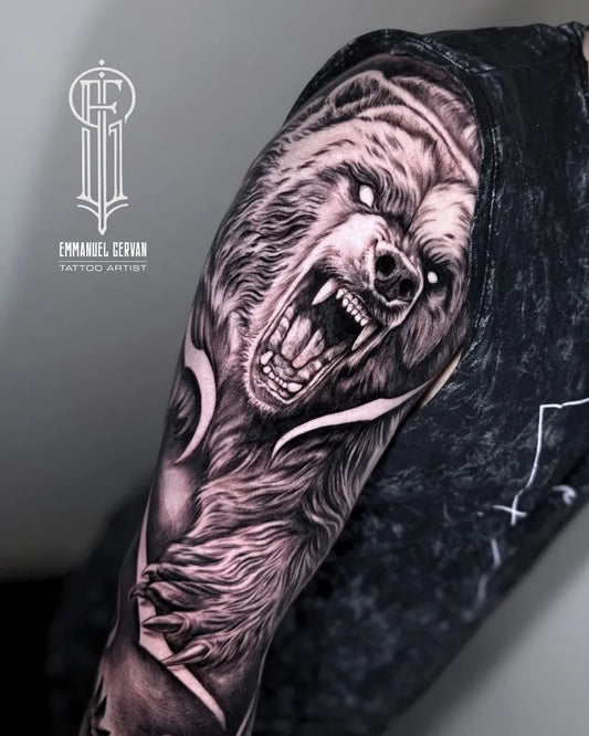 Big Black and Grey Bear on Men Arm Tattoo by @gervanemmanuel