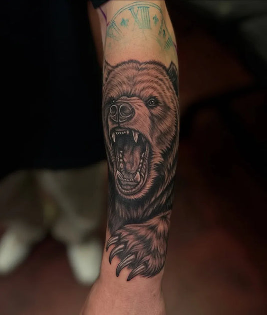 Big Black and Grey Bear on Men Arm Tattoo by @marcelo.baezz