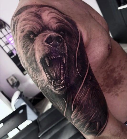 Big Black and Grey Bear on Men Arm Tattoo by @ravstattoos