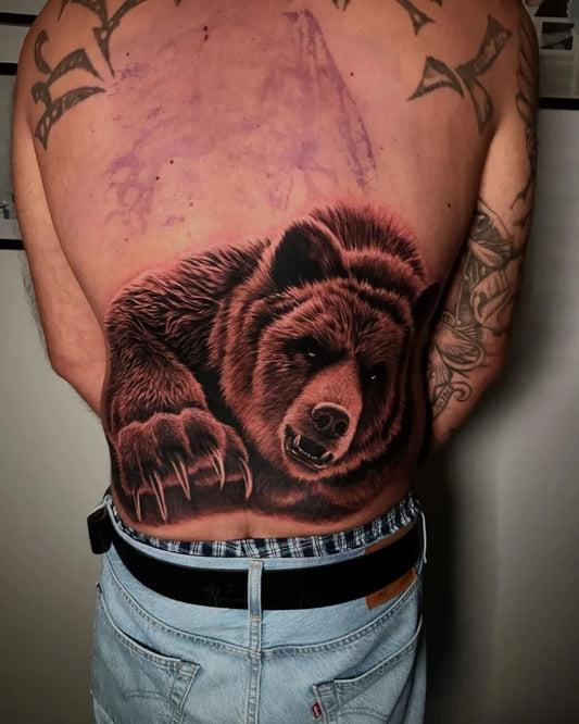 Big Black and Grey Bear on Men Back Tattoo by @pete_pan_the_pirate