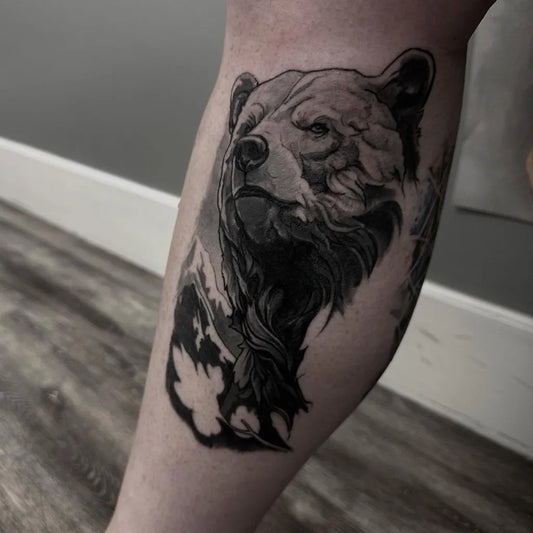 Big Black and Grey Bear on Men Leg Tattoo by @codyjcharleston