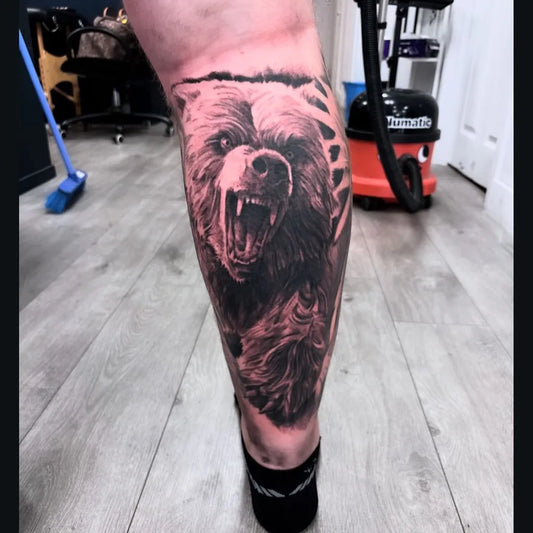 Big Black and Grey Bear on Men Leg Tattoo by @jacksteere_tattoos_