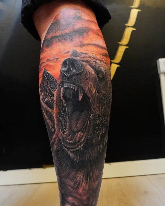Big Black and Grey Bear on Men Leg Tattoo by @tattoobywilly