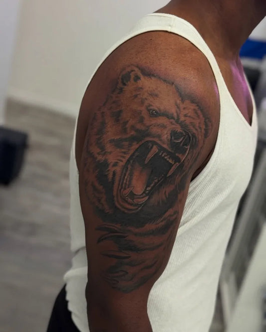 Big Black and Grey Bear on Men Shoulder Tattoo by @inkbyry
