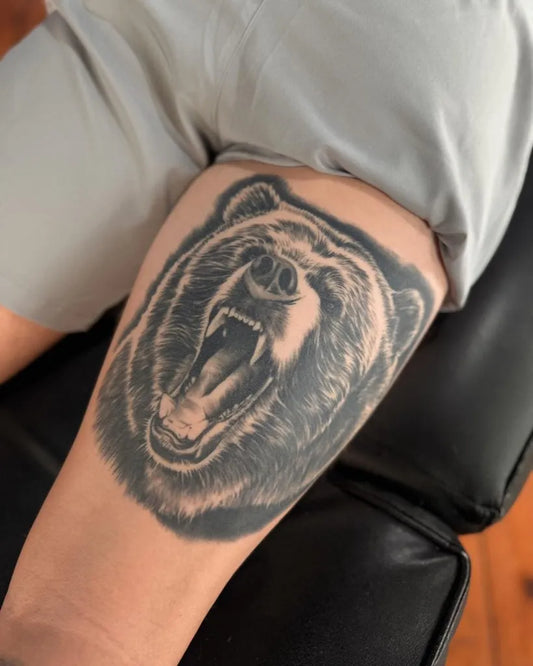 Big Black and Grey Bear on Men Shoulder Tattoo by @oliveandweston
