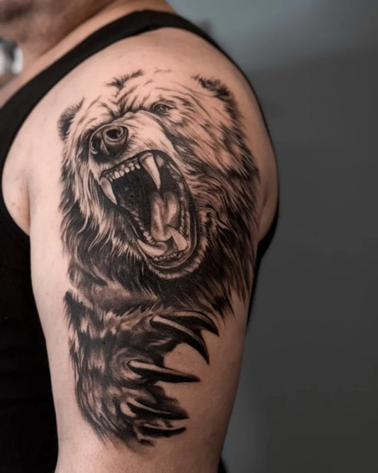 Big Black and Grey Bear on Men Shoulder Tattoo by @zlaty_myval_