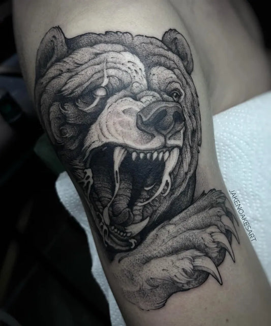 Big Black and Grey Bear on Women Arm Tattoo by @jakenoakesart
