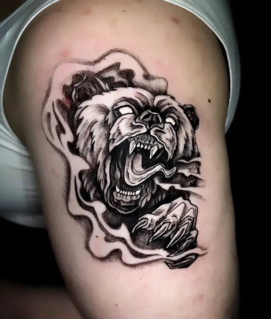 Big Black and Grey Bear on Women Arm Tattoo by @ladymonsterfacetattoos