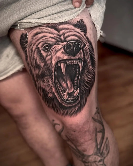 Big Black and Grey Bear on Women Thigh Tattoo by @_krakentattoo_